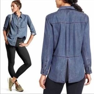 Athleta Bootjack Chambray Denim Button Up Shirt Blue Split Back Tencel